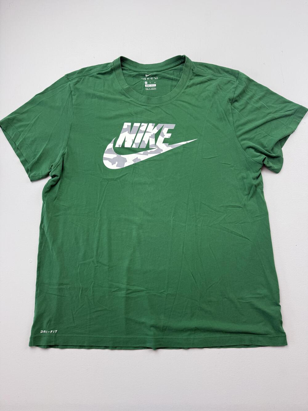 Nike Shirt Mens XL Green Camo Swoosh Logo Dri-Fit Graphic Tee Athletic Top
